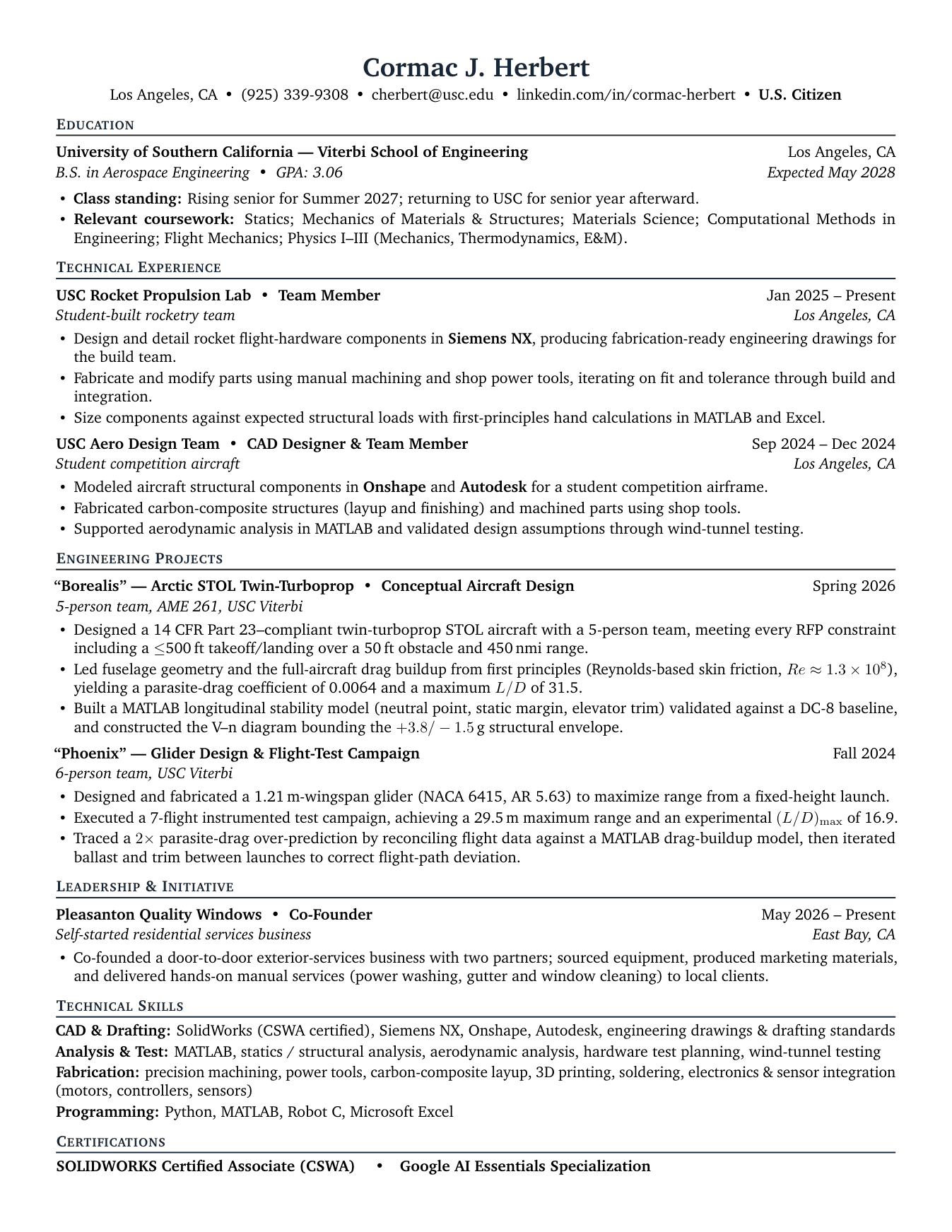 Resume for Cormac Herbert, aerospace engineering, University of Southern California